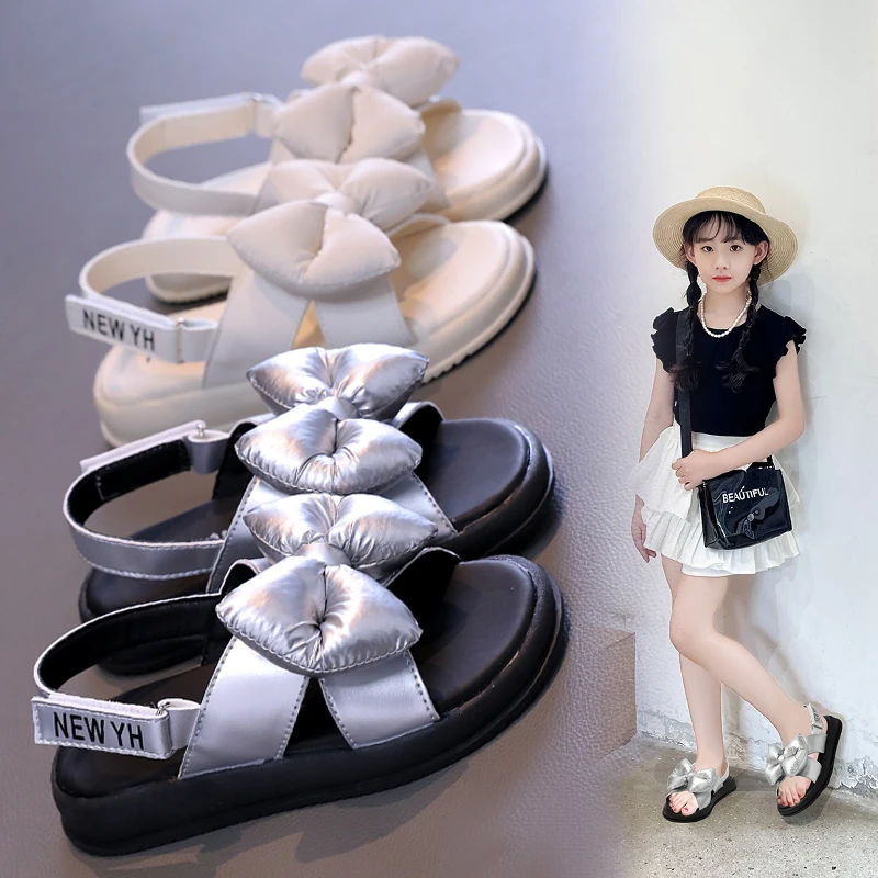 2024 Summer Girls' Sandals New Children's Fashionable Bow Princess Shoes Little Girls Soft Sole Sandals XHXL-8821