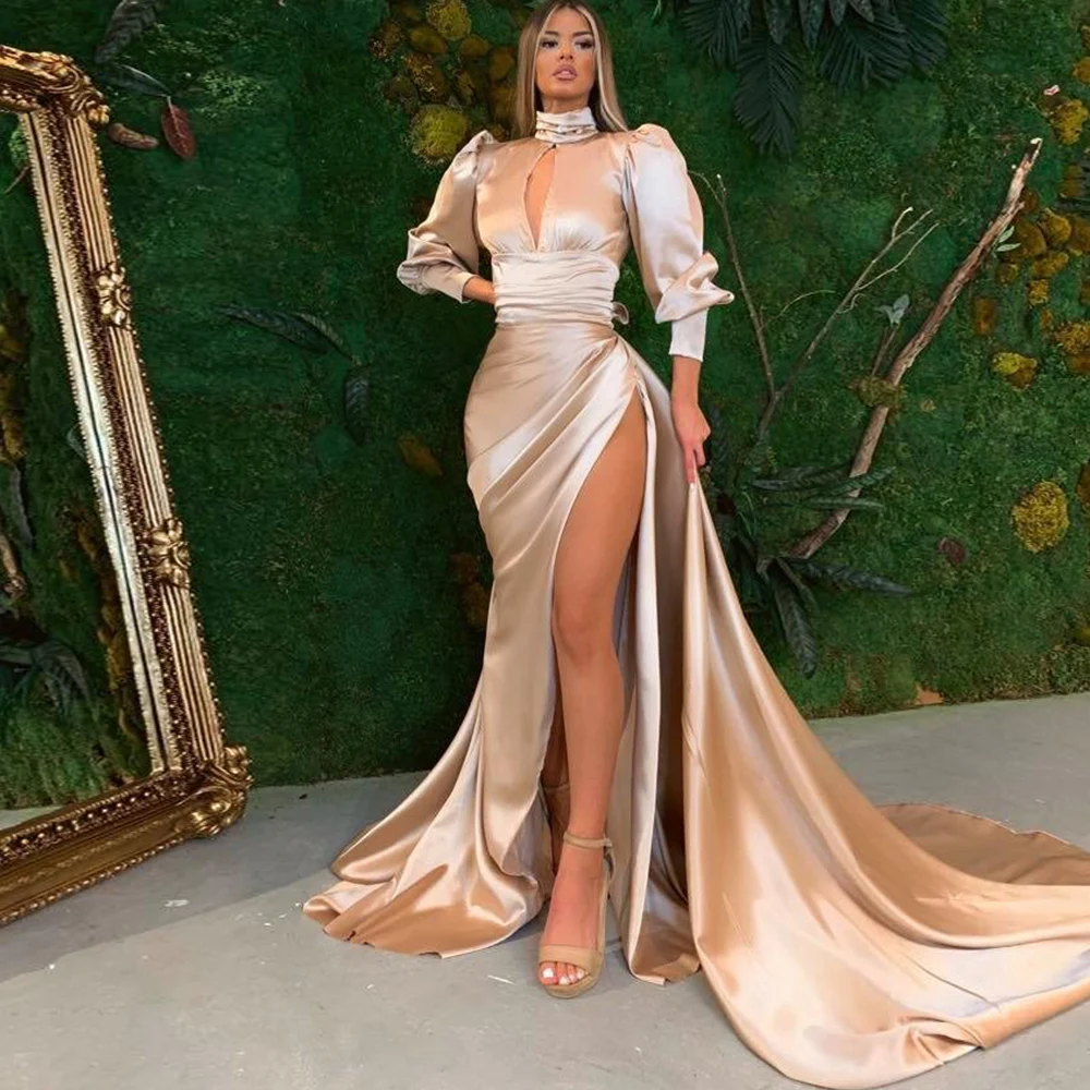 

Elegant Women's Dresses for Evening Party Sheath/Column Satin Prom Gown Champagne Pleat Draped Sexy Beach Long Dress 2024