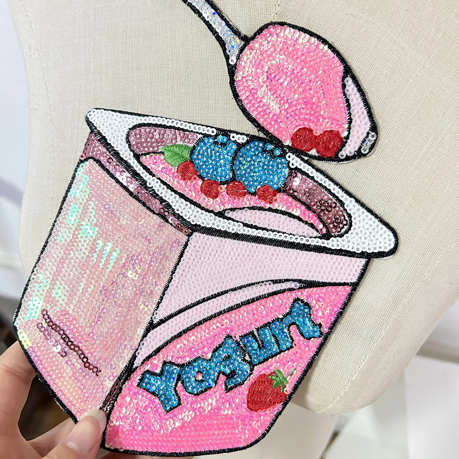 One Piece Strawberry Yogurt Sequin Embroidery Patch, Cute Pink Iron On for Clothes Bags DIY Fashion Garment Accessories