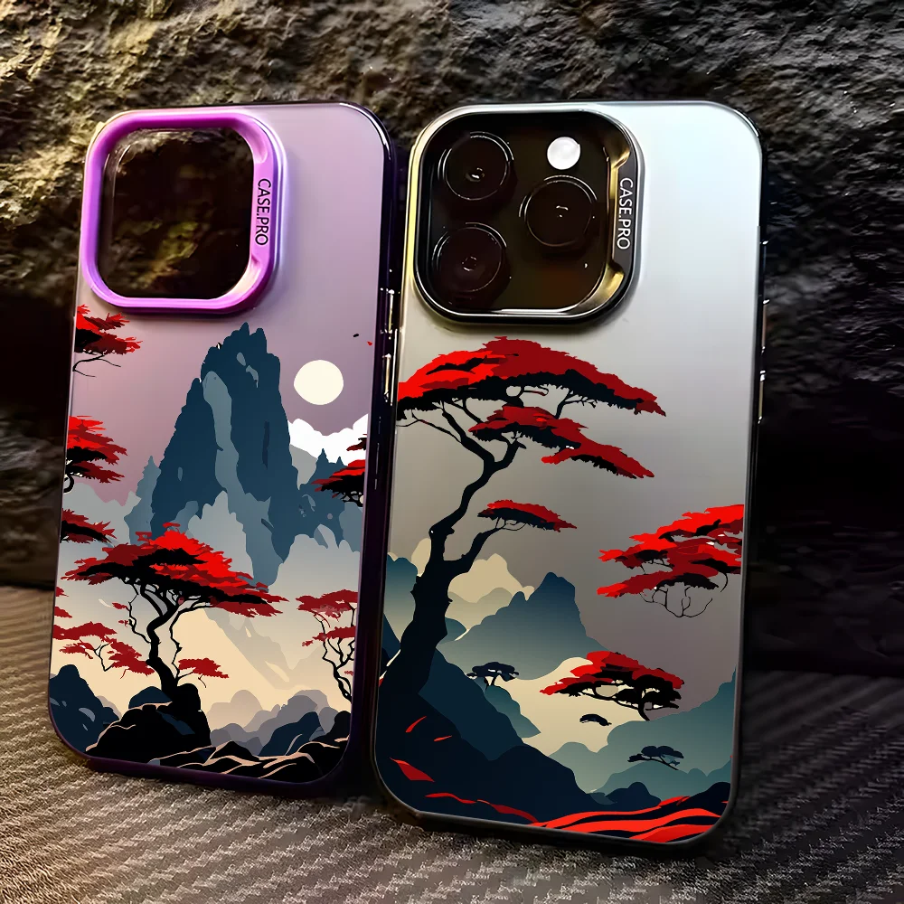 

Mountain Pine Painting Art Phone Case For IPhone 16 15 14 13 12 11 Pro Max Black Matte Multicolor Laser Metallic Aurora Funda