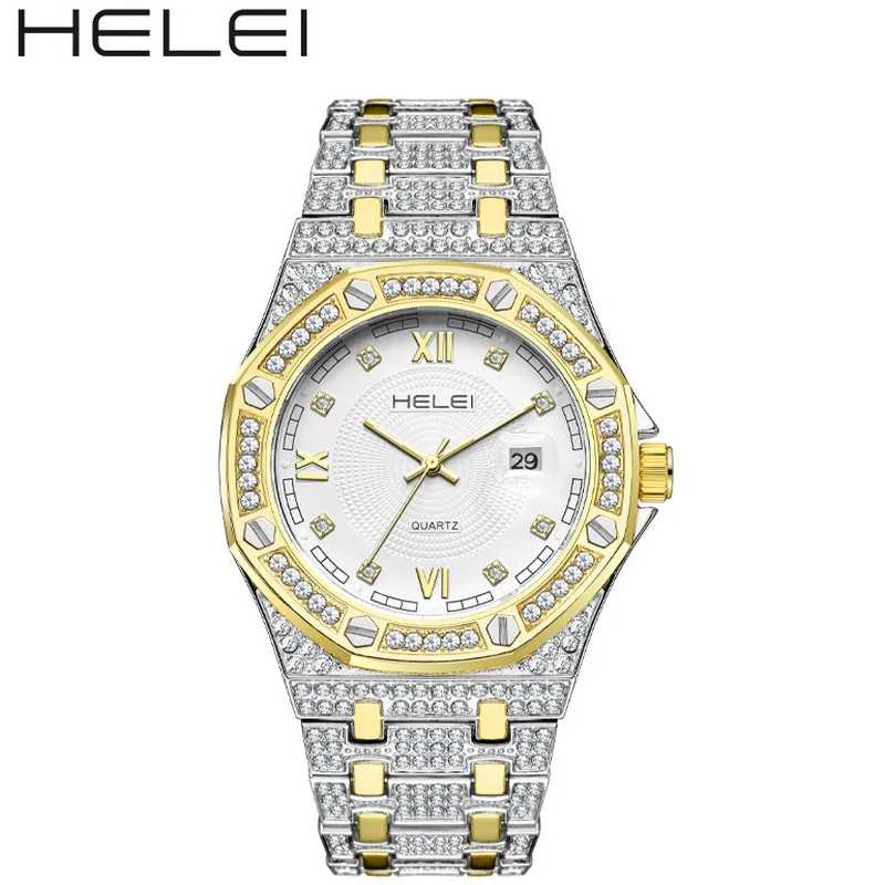 

Men's 45mm Luxury Diamond Quartz Watch with Starry Sky Face Gold Steel Band Roman Numerals Fashion Wristwatch with Calendar