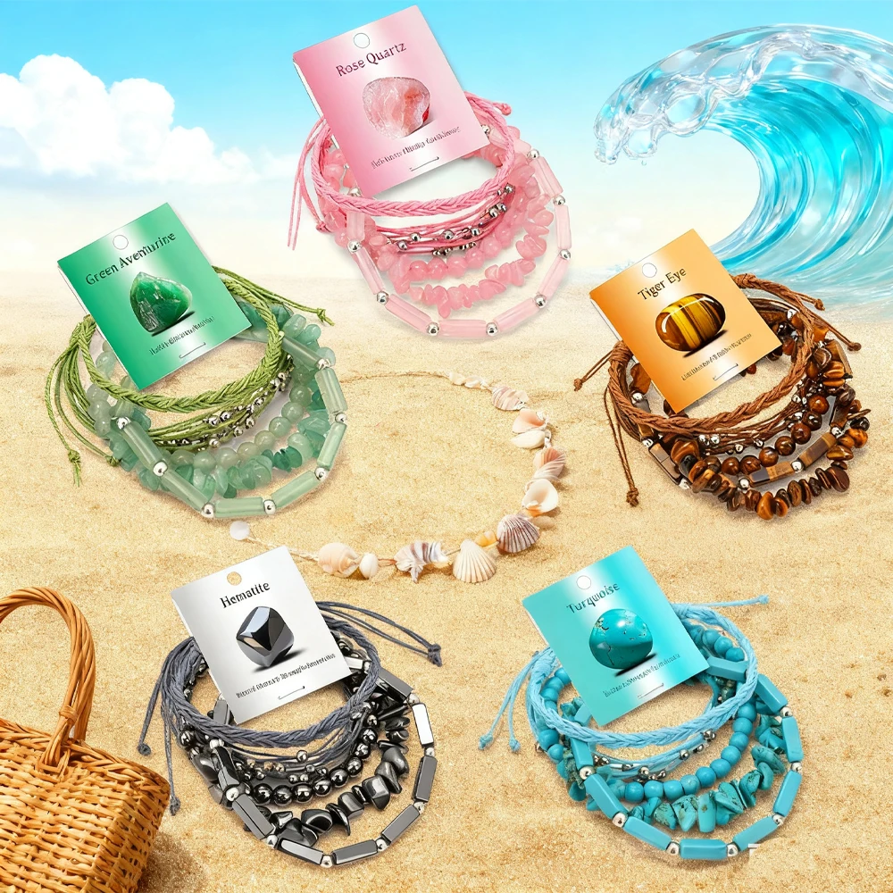 

Bohemian Rope String Bracelets for Women Men Natural Stone Quartzs Beaded Stackable Bracelet Beach Party Wristbands Jewelry