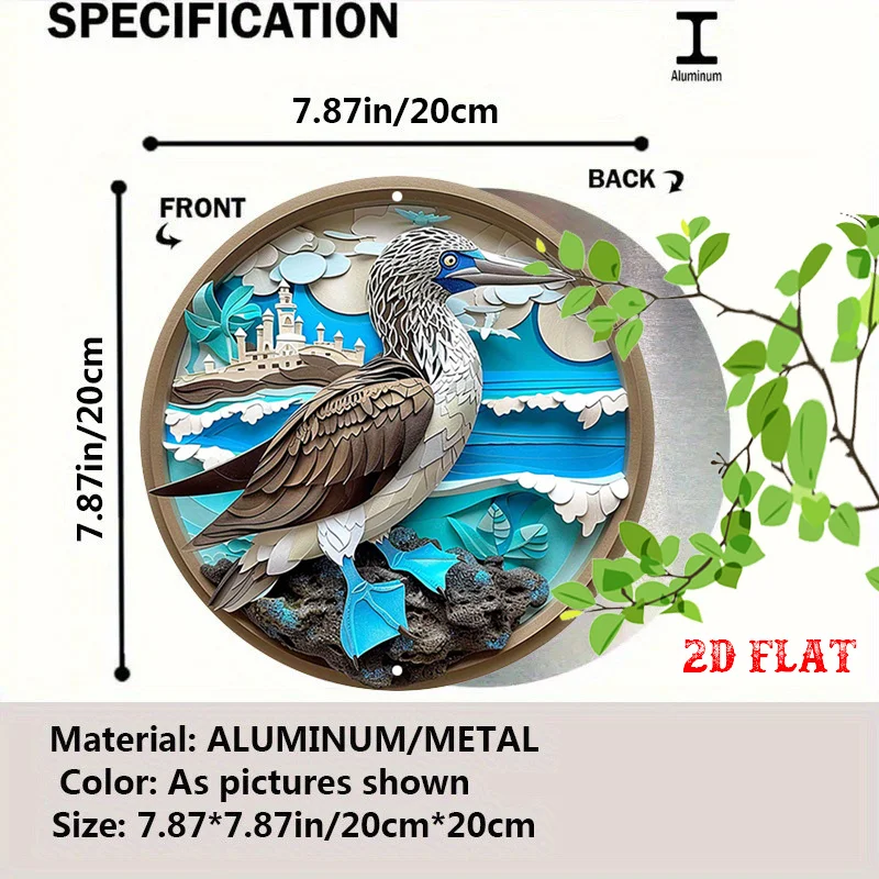 2D Flat - A Round Aluminum Sign Featuring a 2D Flat Castle in The Distance, Decorated with a Blue-Footed Booby. This Tropical-Th