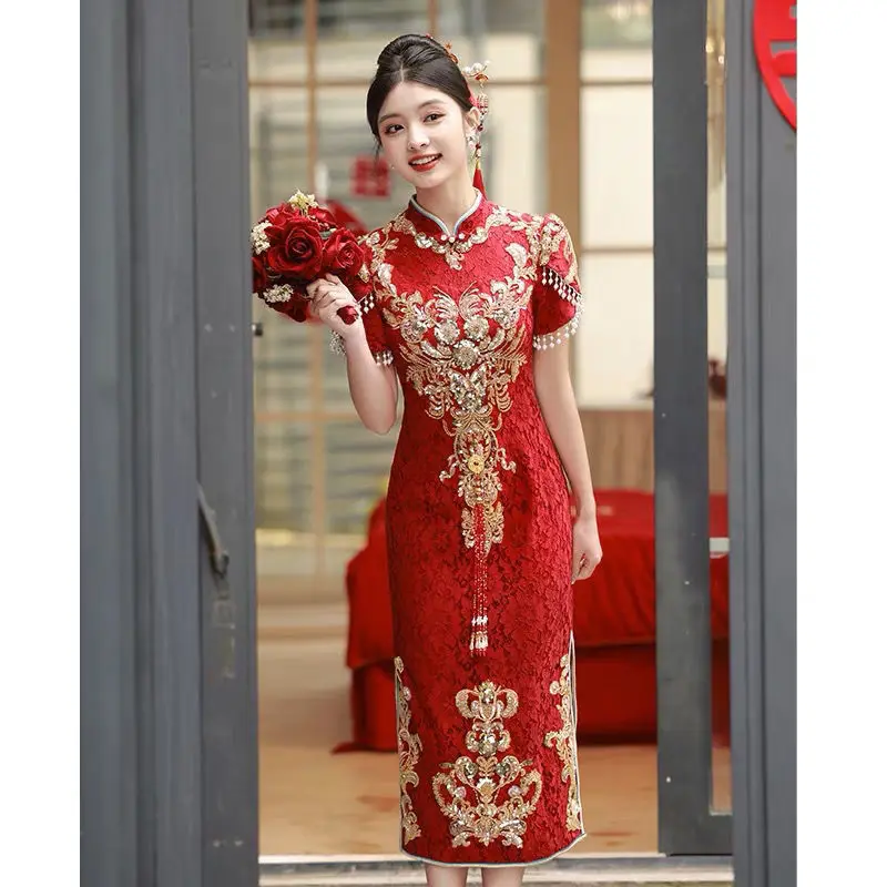 2024 red improved cheongsam  toasting attire chinese wedding dress  engagement dress for women spring autumn lady qipao dress