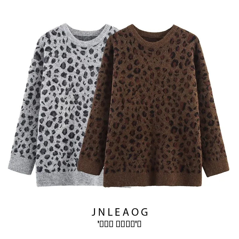 

Loose Fit Leopard Print Knitted Sweater round Ne Pullover Casual Street Sle Long Sve Polyester Fiber Women's Faion