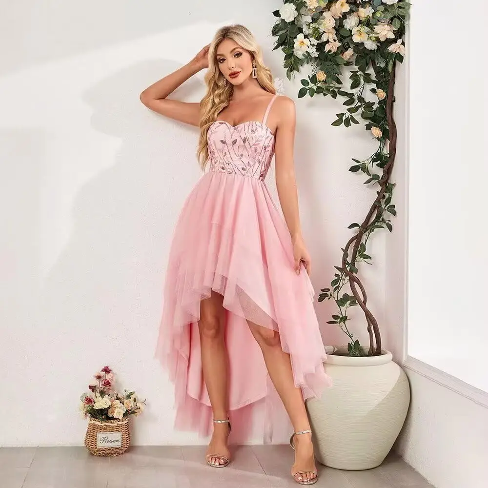 فساتين وصيفة العروس من الترتر على شكل حرف A من التول المطرز على شكل قلب وحزام سباغيتي فستان رسمي للحفلات للنساء للسهرات