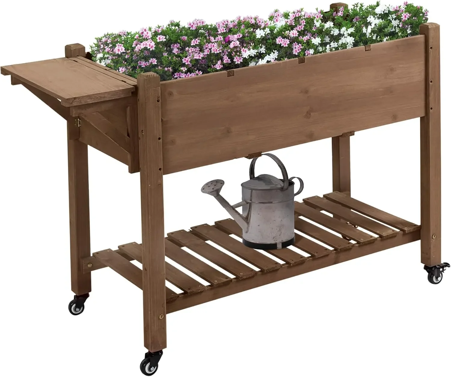 

Raised Garden Bed with 8 Grow Grids, Wooden Outdoor Plant Box Stand with Folding Side Table and Wheels, 49" x 21" x 34"