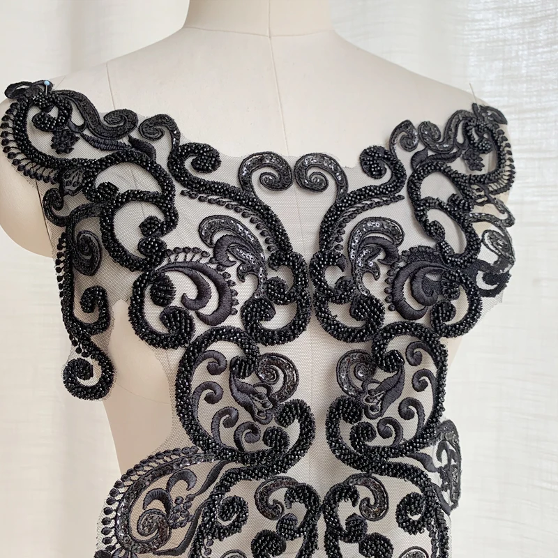 Luxury Embroidery Lace Back Flower Stickers, Black, Red, Ivory Beaded, Wedding Dress, Fashion Show Decoration, DIY, RS4171