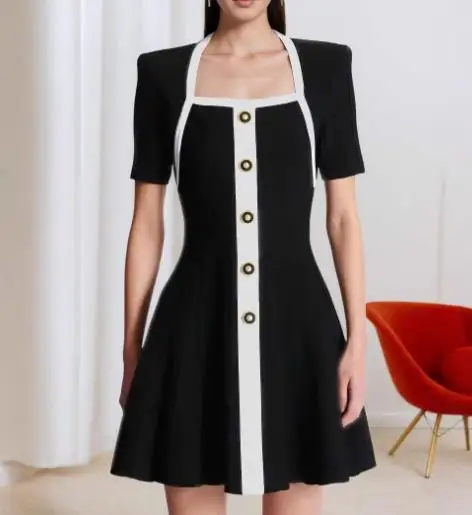 

Womens Dresses 2025 Spring New Fashion Square Neck Short Sleeved Color Blocked Metal Button Design A-Line Elegant Mini Dress