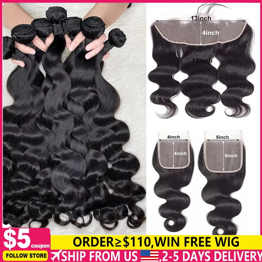 Brazilian Human Hair Bundles With Closure Body Wave Raw Virgin 3 4 Bundles With 4x4 5x5 HD Lace Closure Weave With 13x4 Frontal