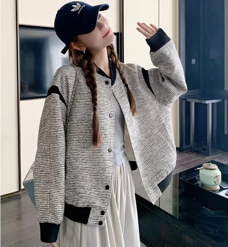 

Женская куртка в американском стиле ретро, большой бейсбольный воротник с длинным рукавом, свободная уличная повседневная куртка на весну, осень и зиму