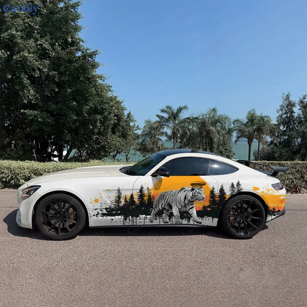 2pcs Gradient Woodland White Tiger Car Side Wraps, Self-Adhesive PVC Waterproof & Scratch-Resistant Stickers, Car Accessory Gift