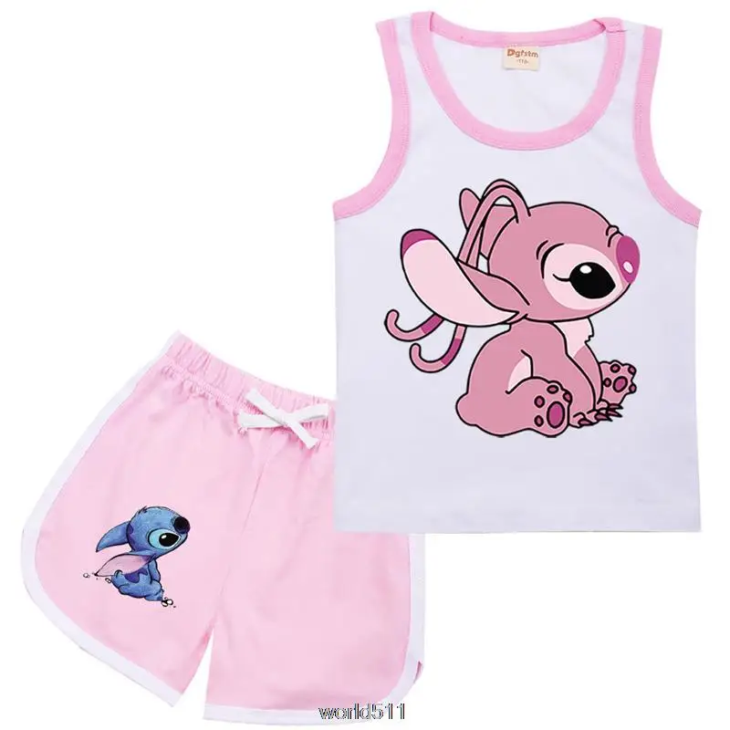 Stitch Summer Children Kids Sport Basketball Set Baby Boys Girls Cartoon Vest Sleeveless Tops +Shorts Outfit Clothes Pink