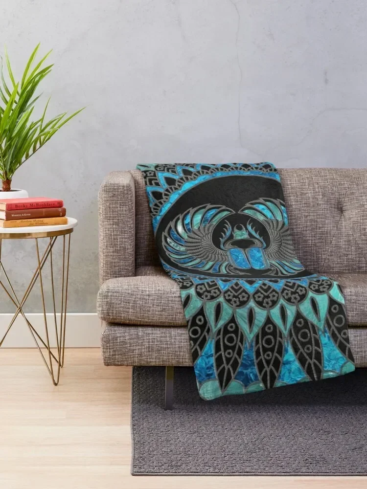 Egyptian Scarab Beetle - Gold and Blue glass Throw Blanket Blankets For Baby Plaid on the sofa Retros Soft Big Blankets