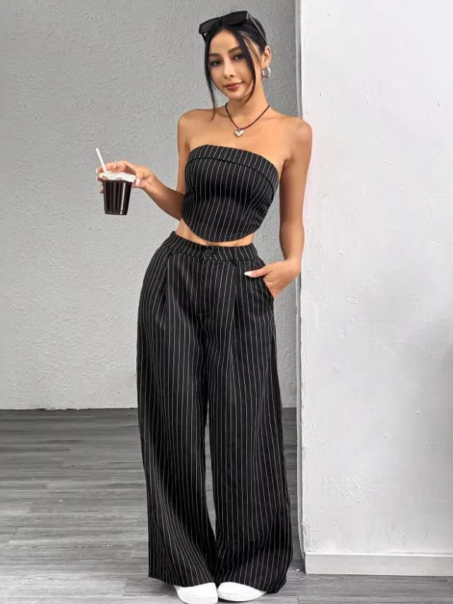 Slimming Effect Ladies Fashion Striped Sleeveless Top And Pants Set Shoulder Strap Long Pants Two Piece Set Casual Sportswear