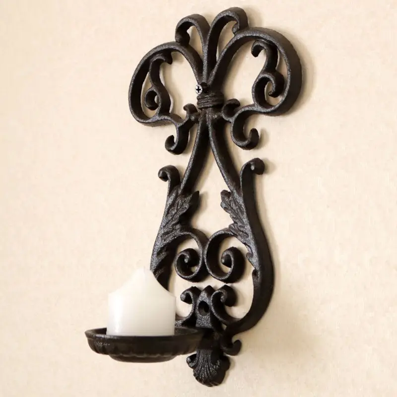 

European Vintage Rustic Badge Cast Iron Wall Mounted Pillar Candle Holder Hollow Hand Crafted Heavy Metal Home Decoration