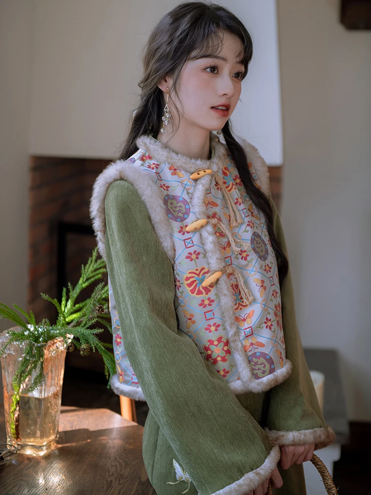 

Винтажный комплект из смеси хлопка Ele с вышивкой, женское длинное Ципао со складками и цветочным украшением