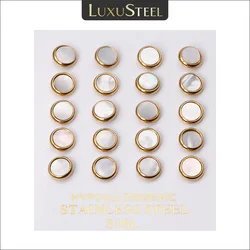 LUXUSTEEL 10Pairs Stainless Steel Earrings Set For Women Men Round White Black Shell Studs Jewelry Accessories Korean Style 8MM