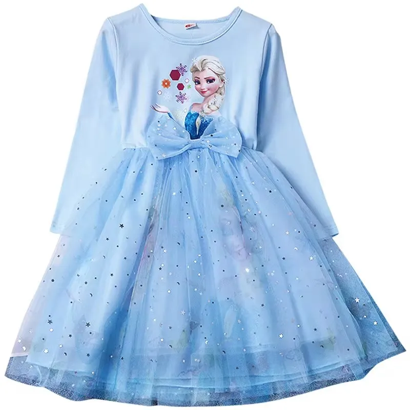 Kids Princess blue Dresses for Girls Spring Long Sleeve Children Wedding Birthday Party Dress 2-6 Year Baby Vestidos