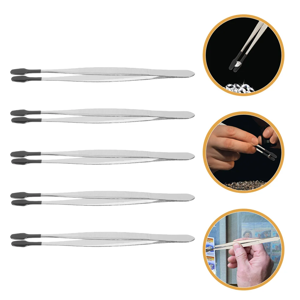

5Pcs Flat Stainless Steel Tweezers Multipurpose for Stamp Collectors Eyelash Jewelry Applying Craft Tweezers Set