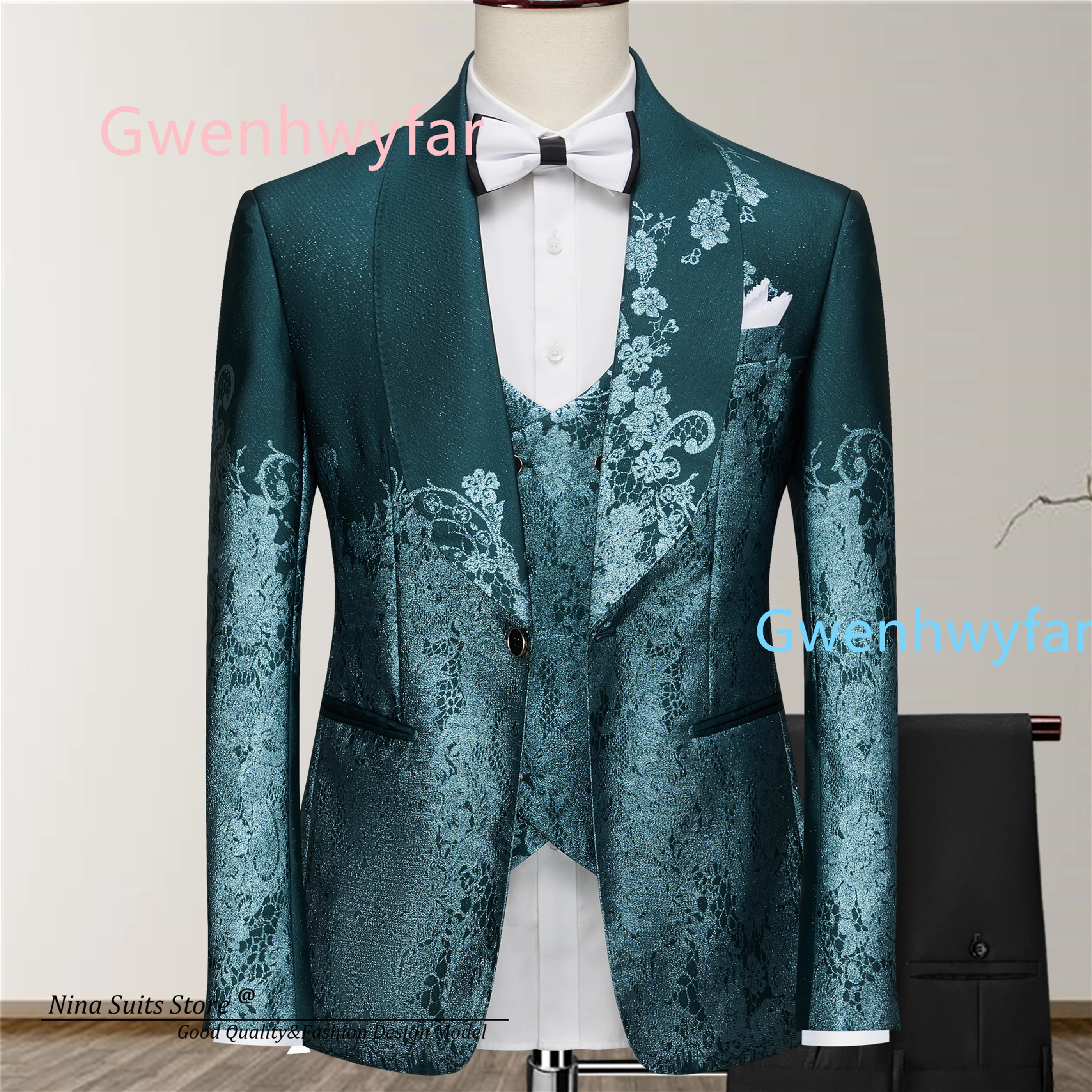 

Gwenhwyfar Mysterious Ocean Flower Blue Green Suits 2026 Customized Men's Single Breasted Dress Jacquard Coat Vest with Pants