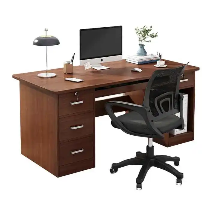 

Simple Natural Finish Desktop Computer Table with Shelves Office Desk Workstation for Hotel Use on Sale