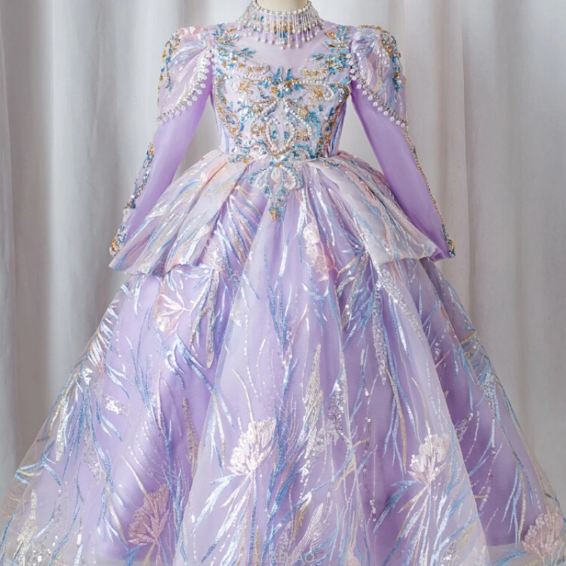 2025 Girls Formal Dress Winter Princess Gown Kids Pageant Party Outfit Flower Girl Wedding Birthday Piano Performance Host Show