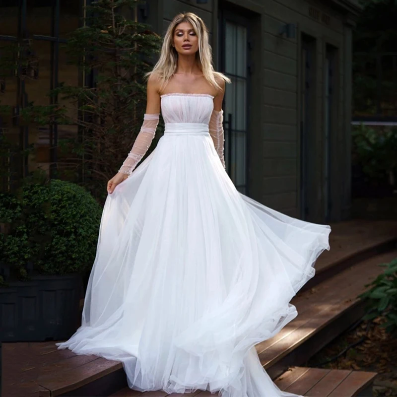 Eelegant – robe de mariée blanche sans bretelles, en Tulle froncé, manches amovibles, pour la plage, ligne A, traîne de balayage