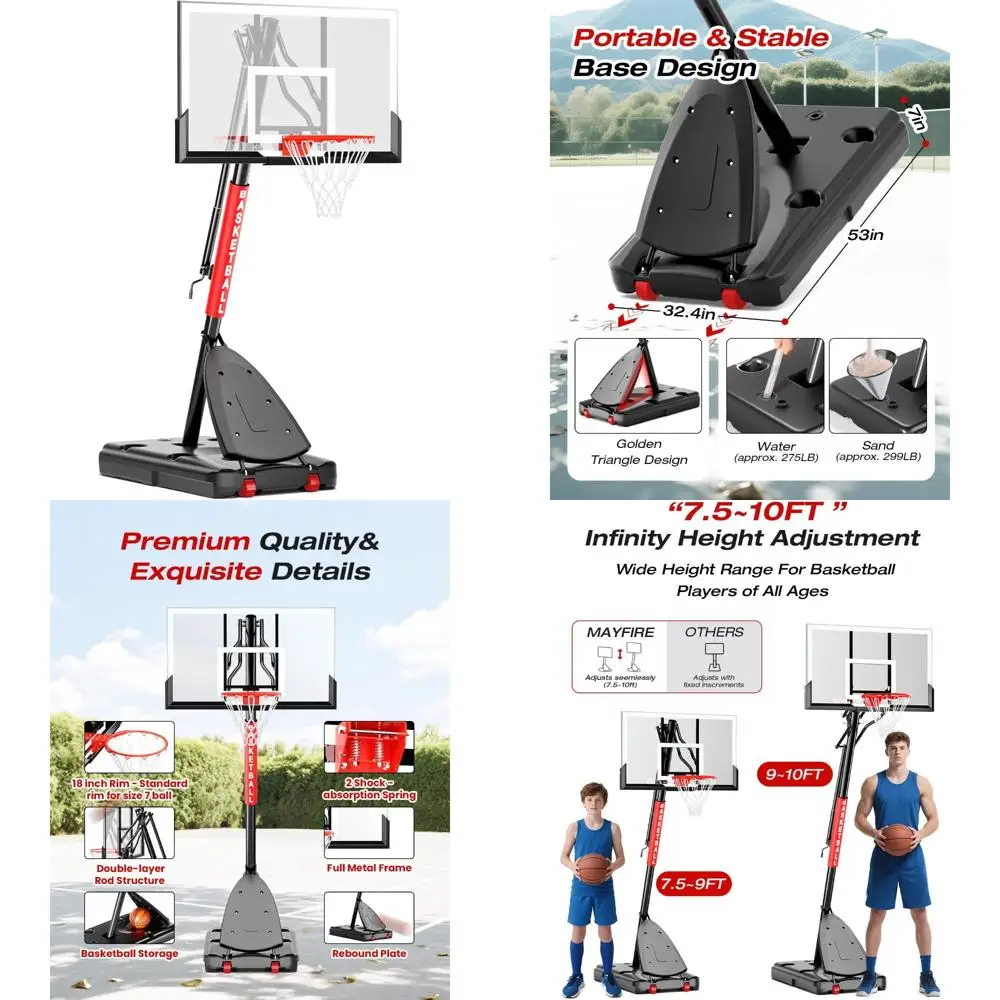 Verstelbaar 10 FT basketbalringsysteem voor buiten met 45-bord voor jongeren, volwassenen en kinderen - draagbare doelen