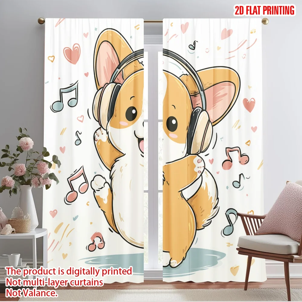 

2pcs 2D flat printing Party Curtains Cute Corgi Music Vibes Fabric Without Electricity Festive Wall Decor Use for Holiday Family
