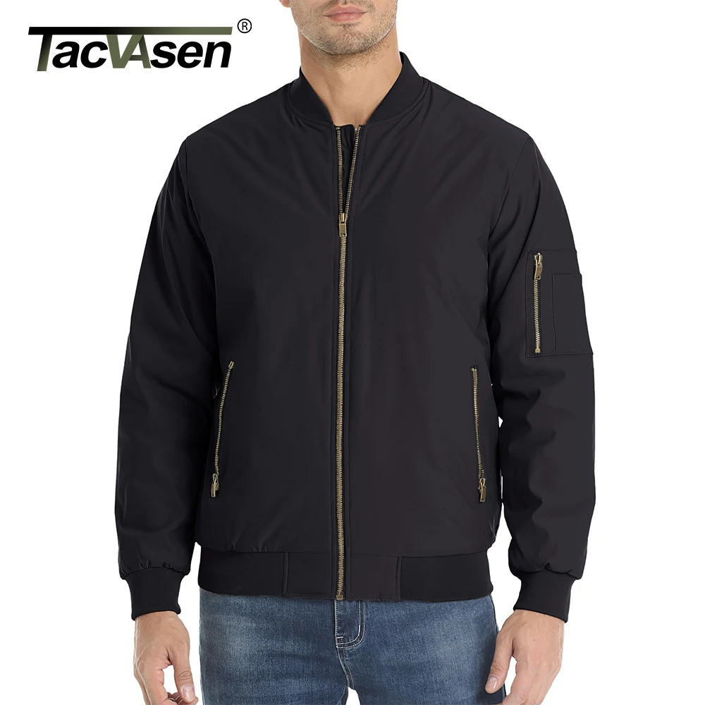 TACVASEN Men\'s Classic Bomber Jacket Autumn Thick Warm Orange Lining  Full Zip Up Windproof Casual Padded Flight Pilot Jackets