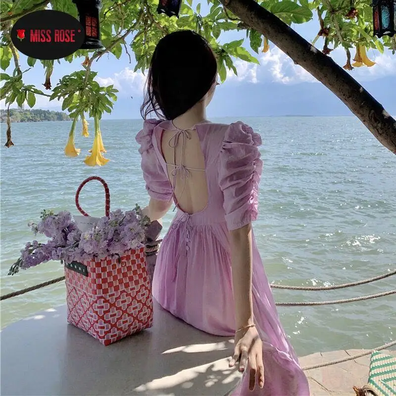 

Purple Princess Long Party Banquet Dress Women Original Design Puff Sleeve Summer Beach Holiday Bohemian Dresses Lady Fairy Wear