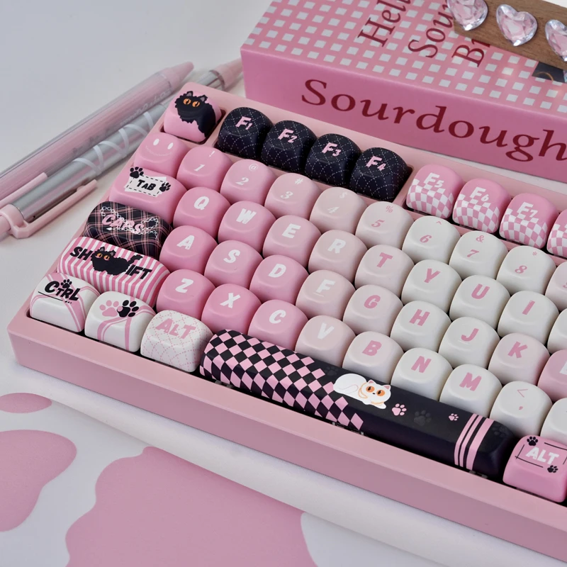 PBT キーキャップ 130 キーかわいいピンク猫キーキャップ染料昇華プロファイルカスタムキーキャップ MX スイッチ用メカニカルゲーミングキーボード
