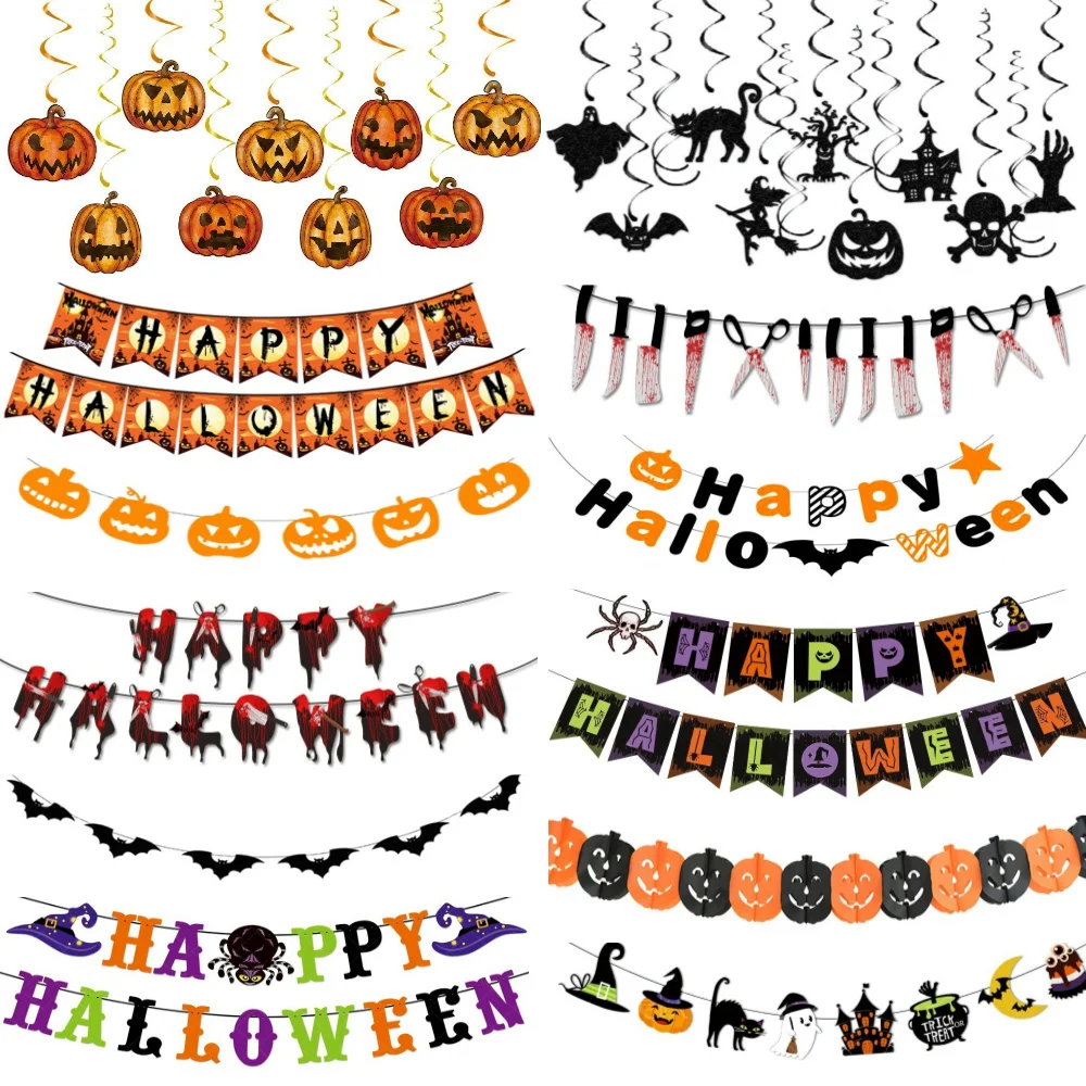 Halloween Hanging Banner Garland Bunting Pumkin Ghost Bat Paper Banner Door Hanging Ornaments Halloween Xmas Party Decoration