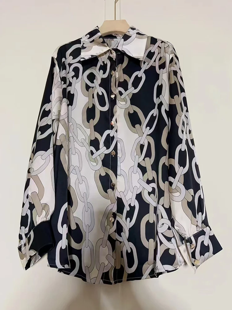

Designer style retro geometric print lapel bat sleeve loose shirt for spring 2025 women's fashion versatile straight top