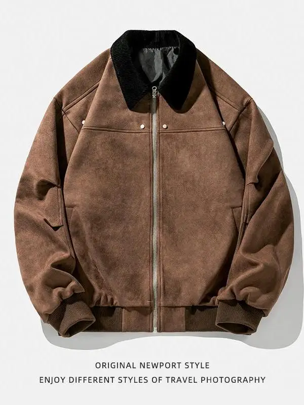 Retro American Suede Jaet Loose Fit for Men And Women Spring New Sle Velvet Core Splicing Rivet Decoration Outerwear