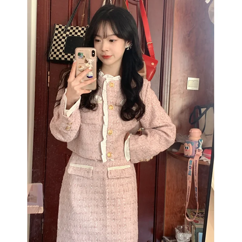 Women’s Set 2024 Autumn and Winter New Pink Chic Style Lace Trim Short Jacket and High-Waisted Skirt Female Office Lady Girls