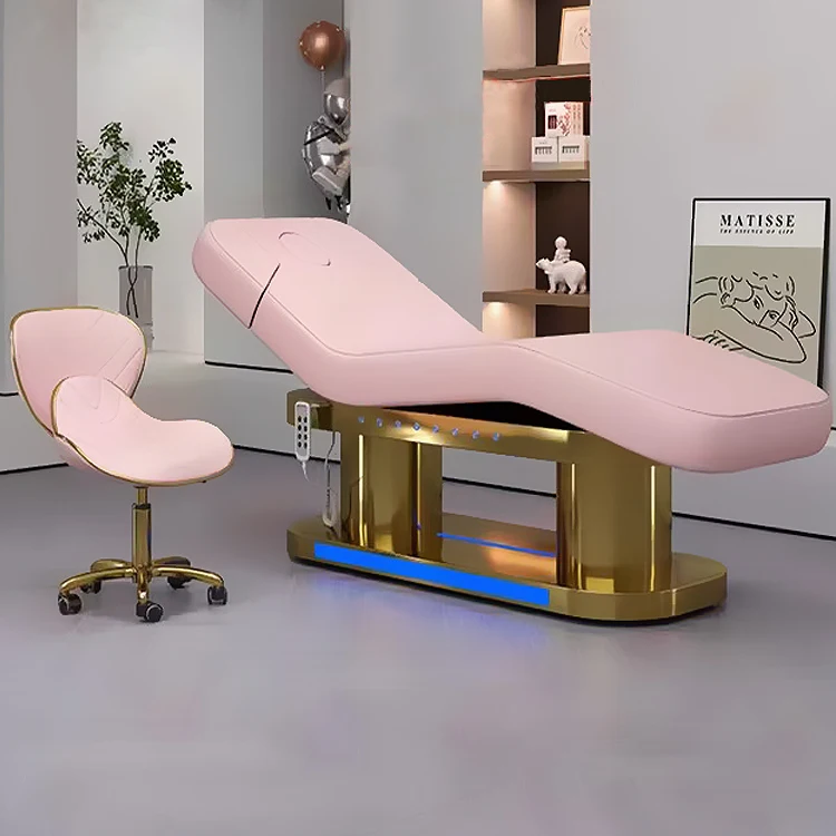 Luxury pink leather gold stainless steel base 4 motors lash bed and chair electric adjustable massage bed for salon