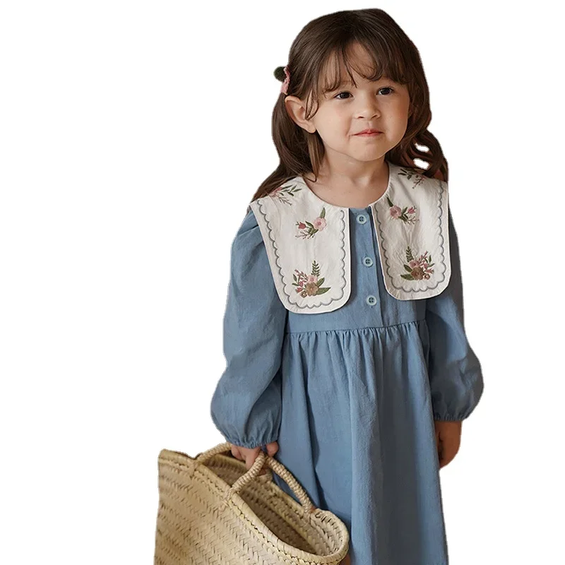 Girls Dress Spring Autumn Long Sleeve Lapel Embroidered Princess Dress Kids Clothes Fashion Korean Children Dresses 2 3 4 5 6 7Y