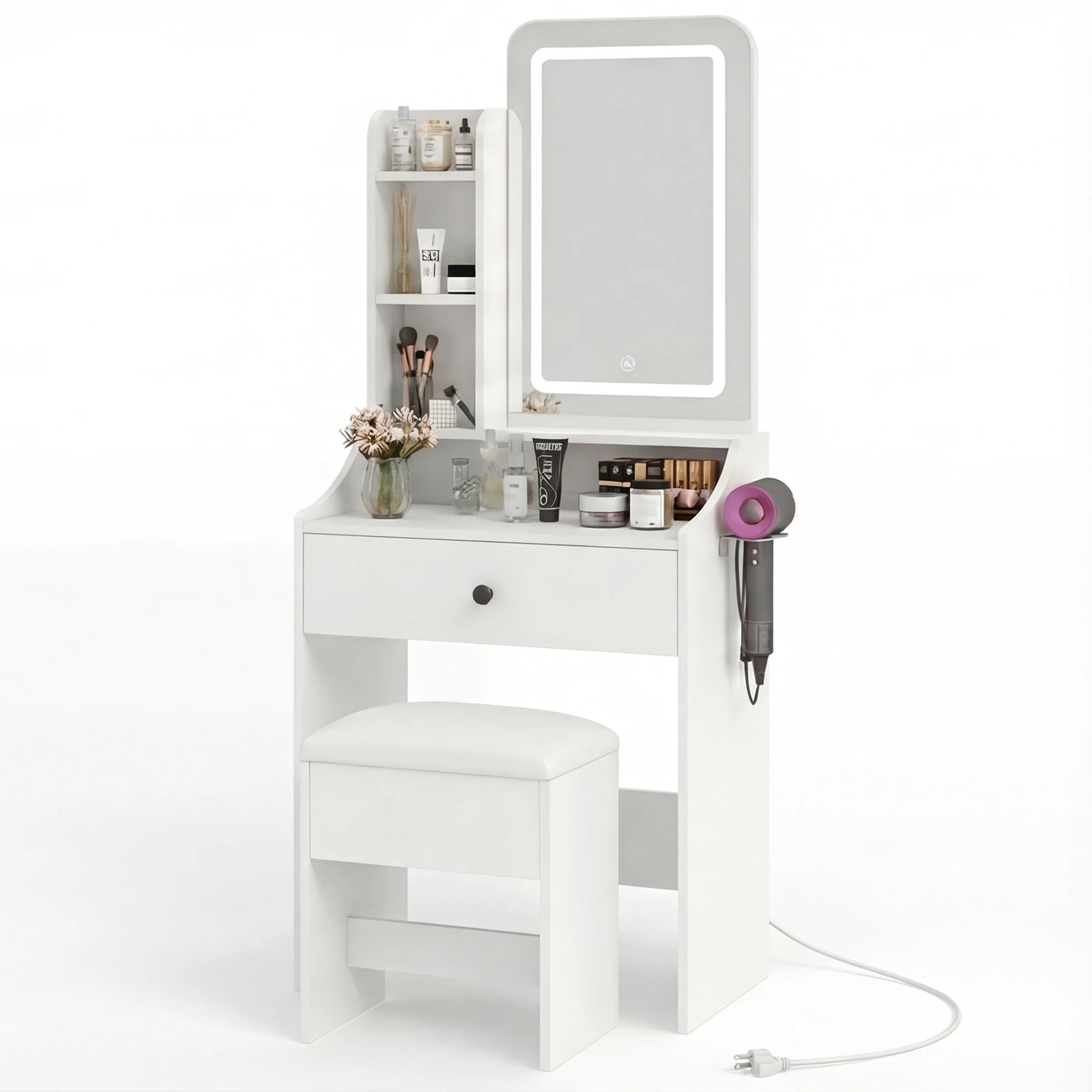 24IN Makeup Vanity Table Set with Mirror and Lights Small Vanity with Storage Bench Charging Station and Hair Dryer Holder