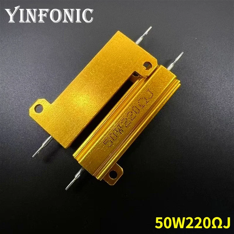 1Pcs/5Pcs RX24 50W 220R Ohm Power Metal Shell Aluminium Gold Resistor 50Watts 220R Resistance High Power Resistor