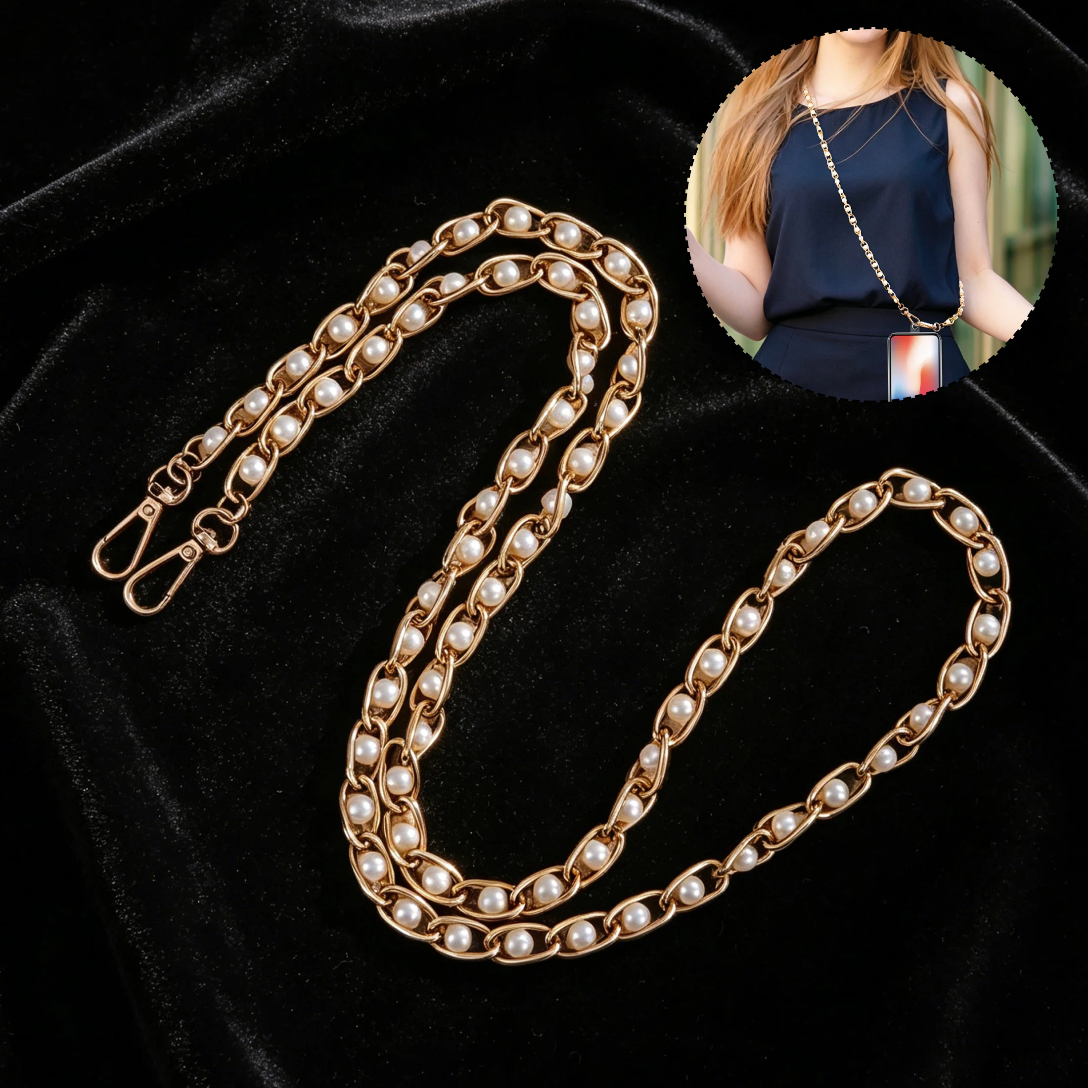 

Detachable Pearl Beaded Crossbody Phone Lanyard Gold Plated Metal Phone Chain Strap with Clasp Anti-Lost Shoulder Strap