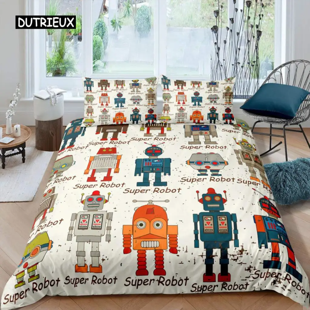 

Robot Duvet Cover Set Kids Boys Watercolor Robot Bedding Set Modern Cartoon Super Robot Pattern King Size 2/3pcs Bedding Set