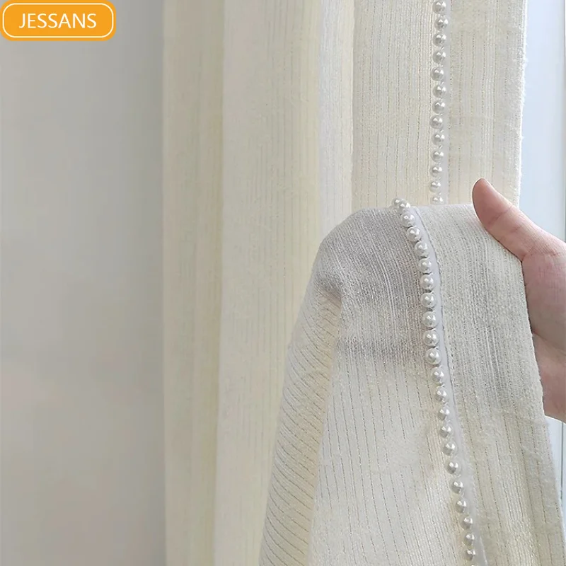 Cream Cashmere Three-dimensional Relief Pearl Window Screen Curtains for Living Room Bedroom Balcony Bay Window Customization