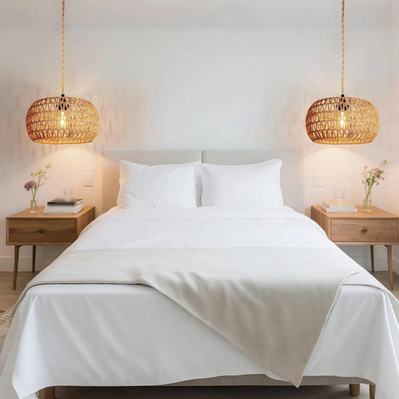 Woven Rattan Lampshade Handmade Wicker Hanging Shade Drum Lamp Shade Natural Imperfection Design Lighting Accessory Metal Frame