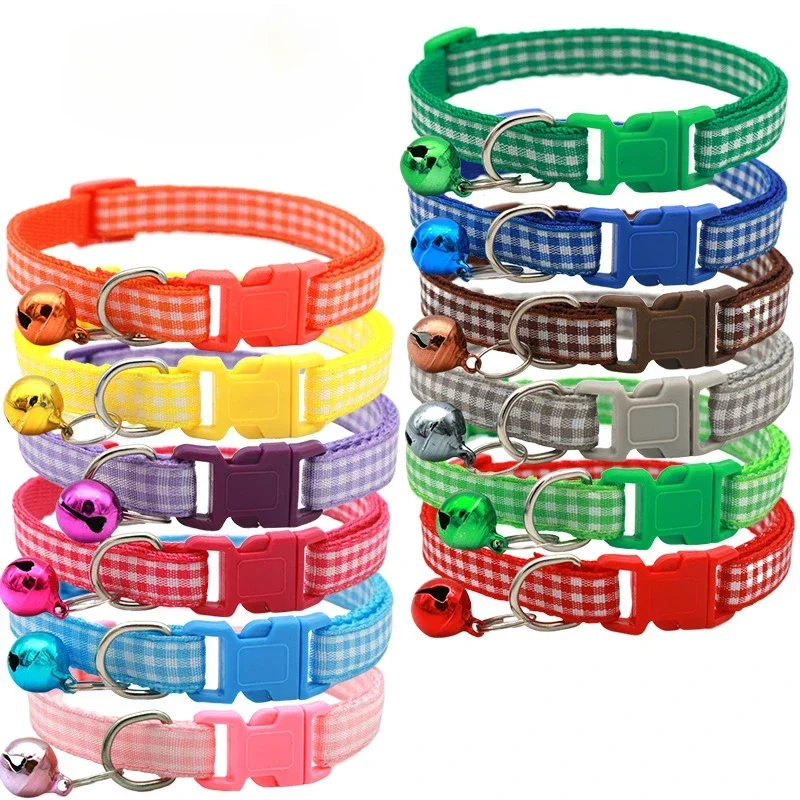 Adjustable Lattice Dog Kitten Cat Collar with Bell Polyester Buckle Collars for Small Dogs Kitten Accessories Supplies