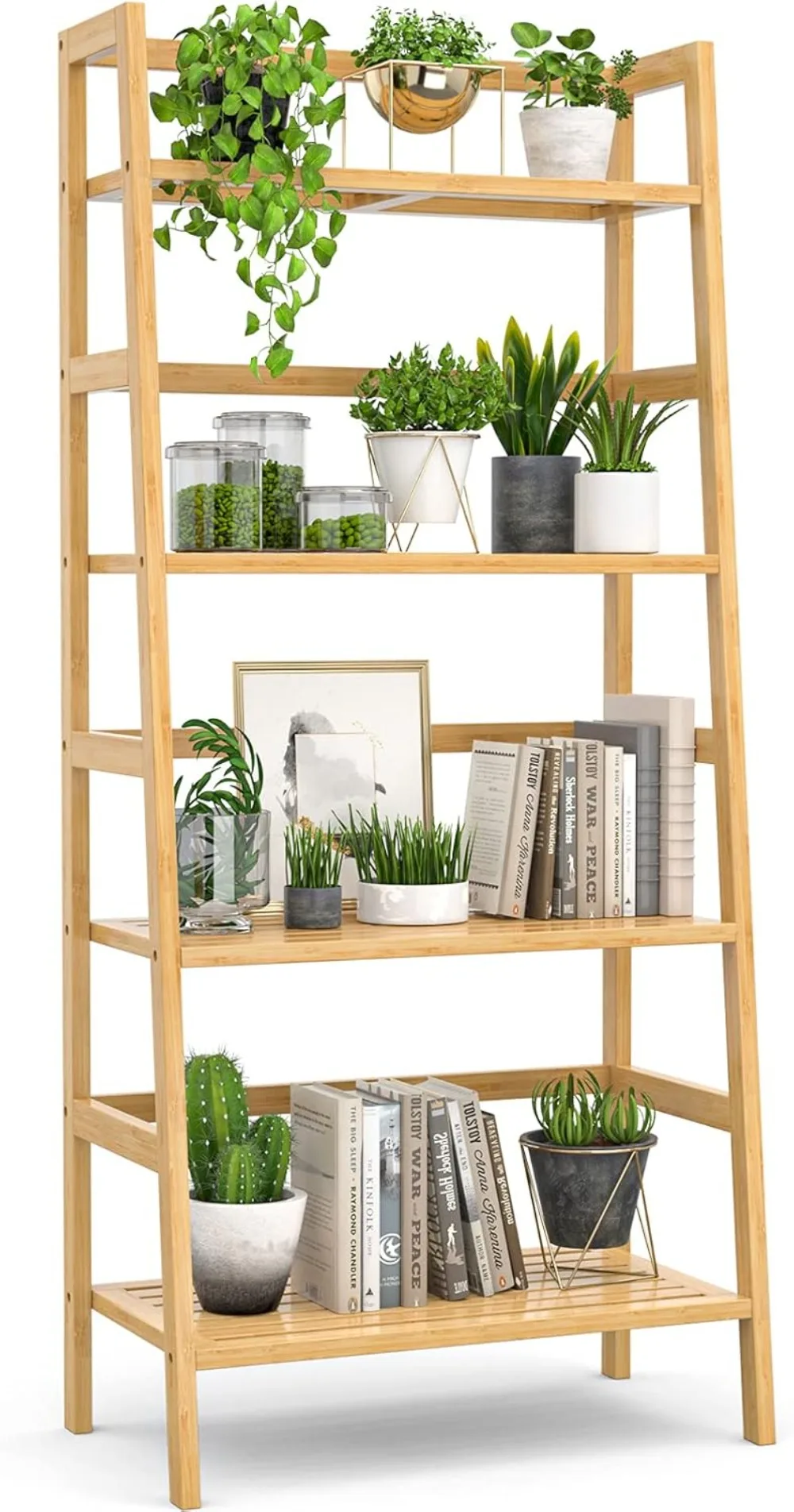 

Homykic Bamboo Bookshelf 4-Tier Ladder Shelf,49.2” Freestanding Open Bookcase Book Shelf Unit Plant Stand Fr Small Space,Bedroom