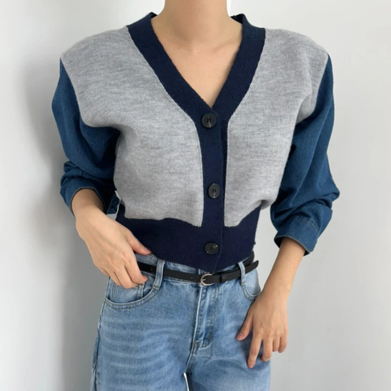 

Korean Denim Patchwork Knitted Jackets Women's Clothing Autumn Fashion Streetwear V-neck Y2k Tops Casual Cropped Coat Ropa Mujer