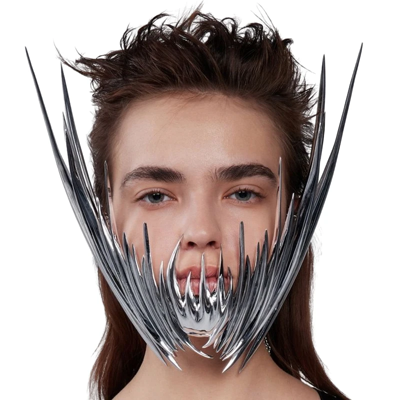 CyberPunk Exaggerate Irregular Chain Silver Spike Hollow Mask Unisex Rock Face Ornament Facial Earring Jewelry Accessories