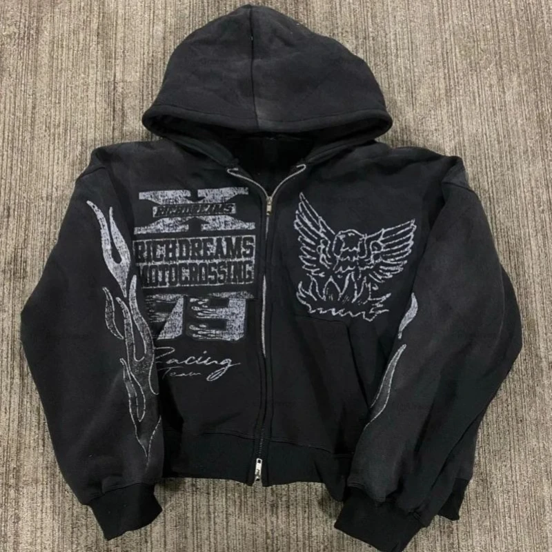 2025 Subculture Streetwear Long Sleeve Hoodies High Street Casual Printed Zipper Sweatshirt Chic Pockets Slim Outwear Winter